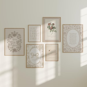 Vintage Floral Girls Room Christian Print Set of 6 Antique Neutral Nursery Decor Elegant Scripture Wall Art Cottagecore Bible Verse Gallery