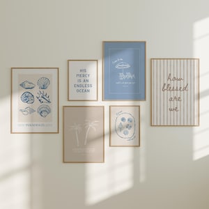 Christian Wall Art Bundle Set of Six Bible Verse Posters Beachy Encouraging Christian Art Seashell Printable Psalm Scripture Print Ocean Art