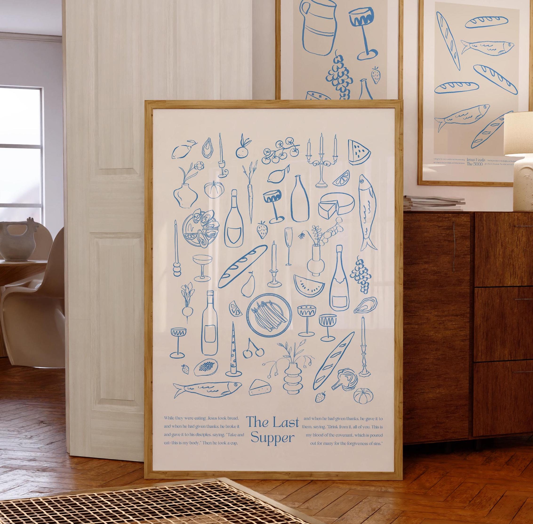Das letzte Abendmahl Moderne Jesus Wandkunst Blau Bibel Vers Poster Preppy Biblische Schrift Ästhetik Christian Druck Küche Retro Food Zeichnung