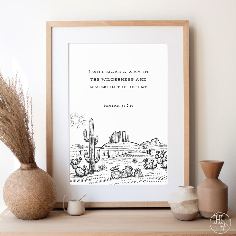 Bible Verse Wall Art Desert Landscape, Modern Western Line Art Print ...