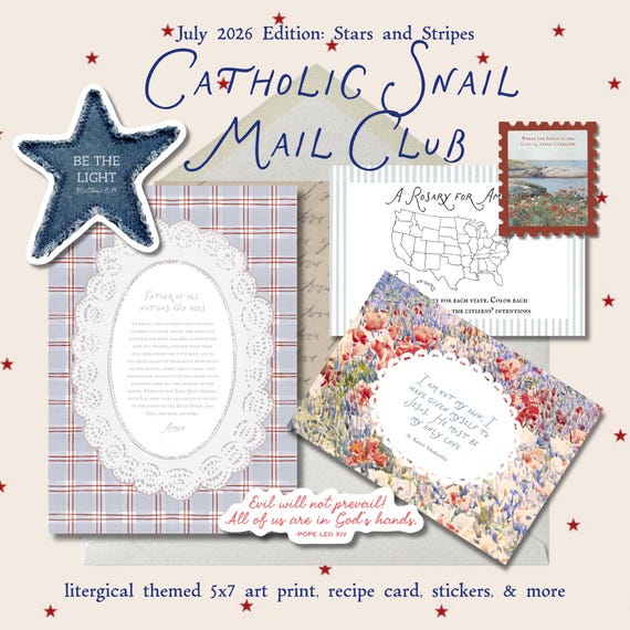 Catholic Snail Mail Club: Liturgical Art Print, Stickers, Saint Feast Day Recipe Card, and Surprise Gifts (Monthly Subscription)