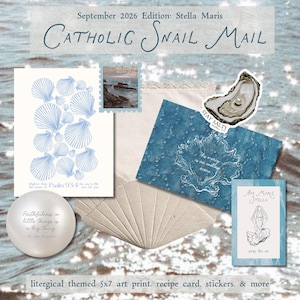 May include: A September 2026 Catholic Snail Mail edition set featuring a white card with blue seashells and Psalm 93:4 text, a blue card with ocean imagery and text, a white envelope, a pearl sticker, a round white ornament, and a small Ave Maris Stella card.