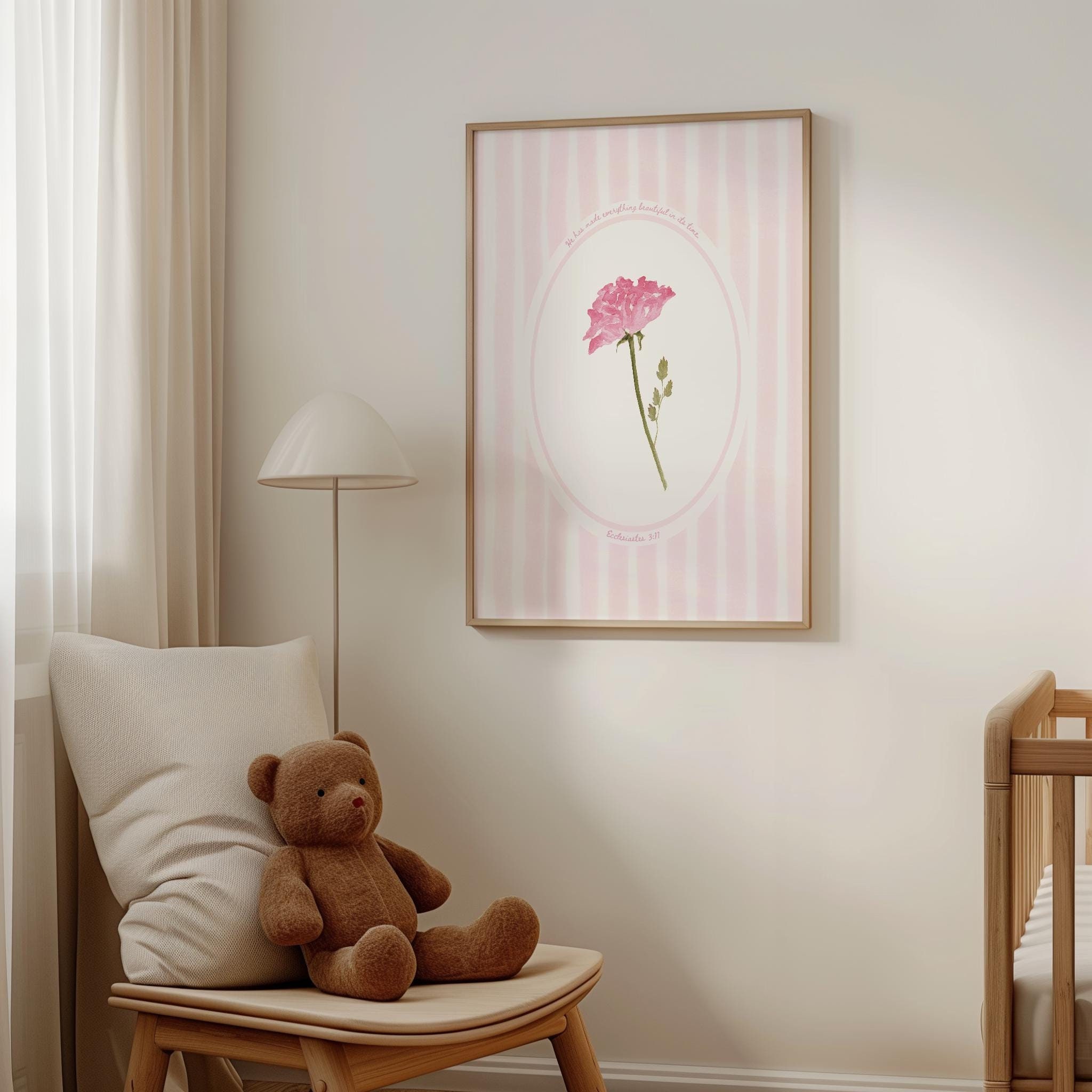 He Makes Everything Beautiful In Its Time Elegant Christian Wall Art Pink Bible Verse Print Girls Nursery Decor Stripped Botanical Poster