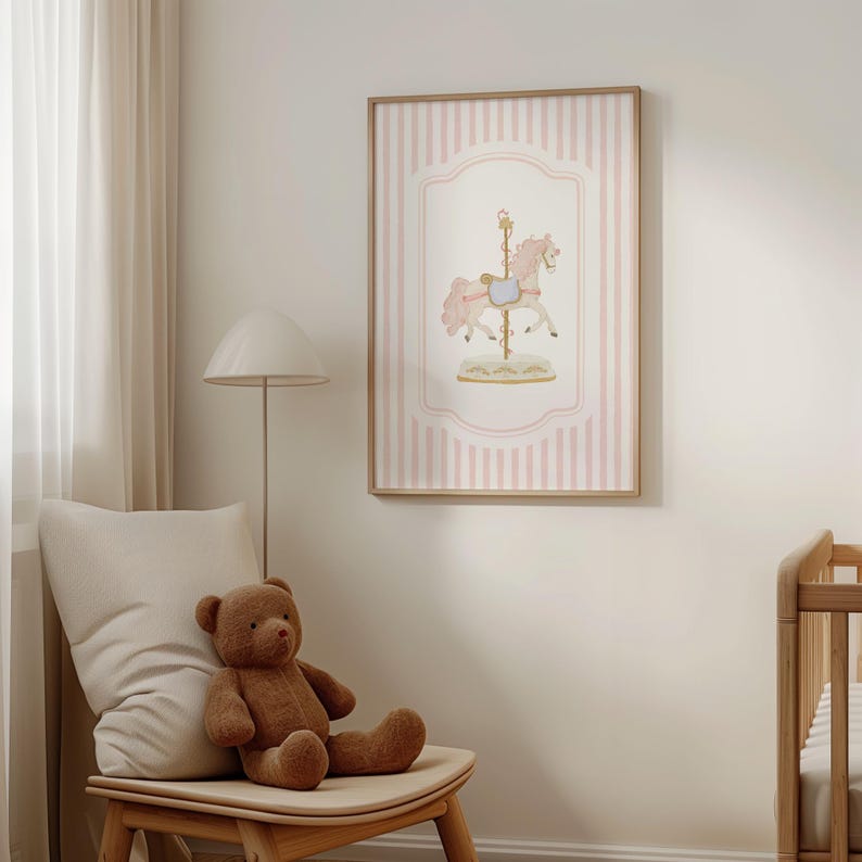 Pink Pastel Nursery Gallery Wall Art Set of 4 Posters: Vintage Carousel ...