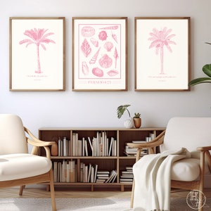 Puede incluir: Tres impresiones enmarcadas con ilustraciones rosas. La impresi&oacute;n central presenta una colecci&oacute;n de conchas con el texto "PSALM 104:25". Las impresiones de la izquierda y la derecha presentan palmeras con vers&iacute;culos b&iacute;blicos.
