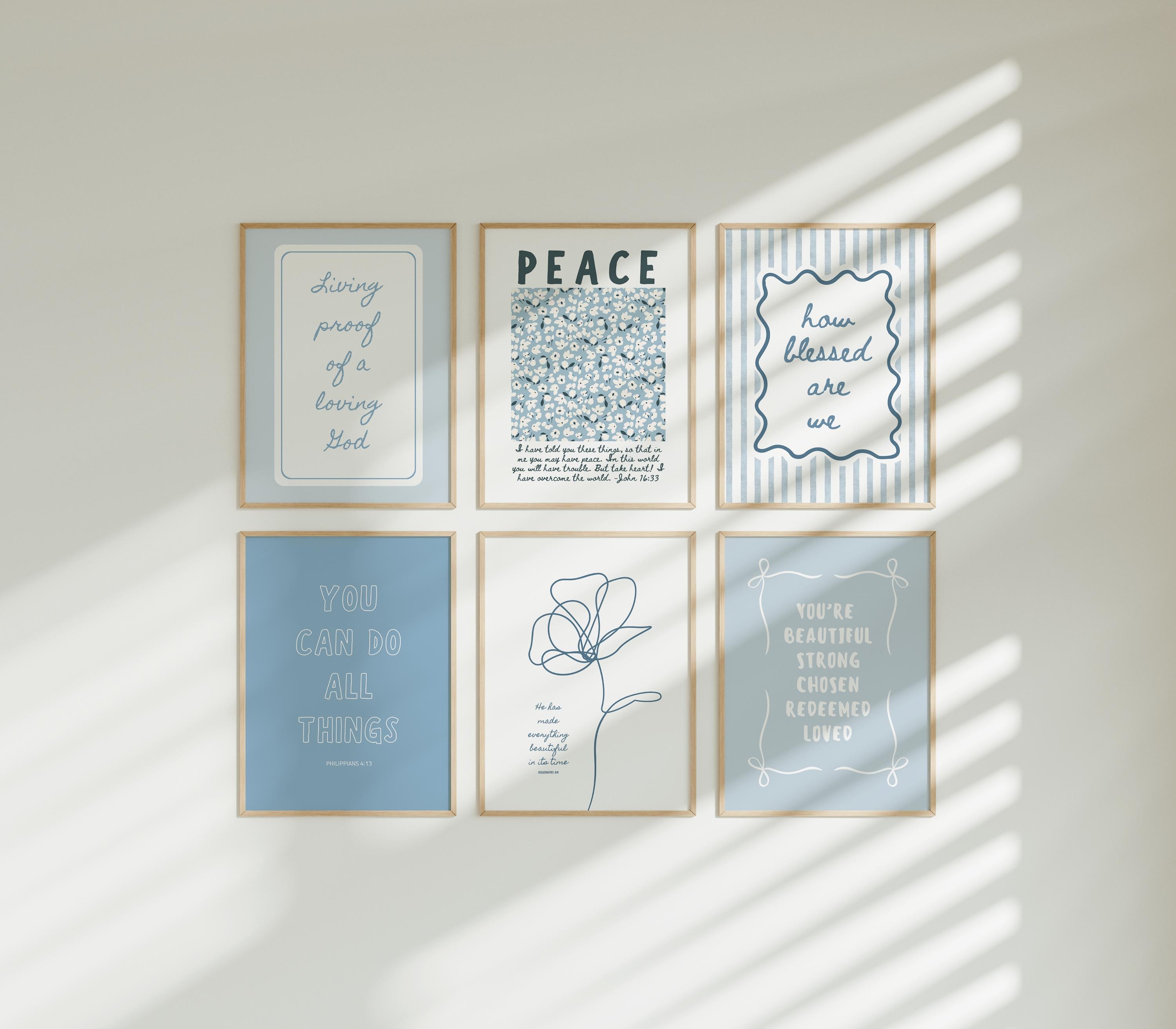 聖書の詩のサイン33 トレンディなキリスト教の壁アートバンドル モダンな聖書の肯定的な言葉 ブルーアパートメントプリント 6枚セット 宗教的なギャラリーウォール  ポジティブ思考のポスター - Etsy 日本, image size:3000x2625