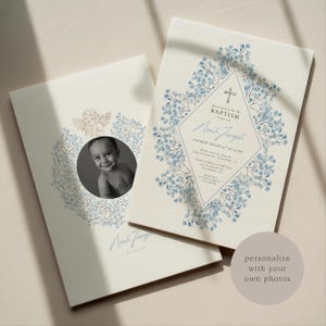 May include: Baptism invitations with a photo and floral design. The invitations feature a photo of a baby, an angel illustration, and text that reads "Baptism of our son Noah Joseph". The invitations have a light blue and cream color scheme.