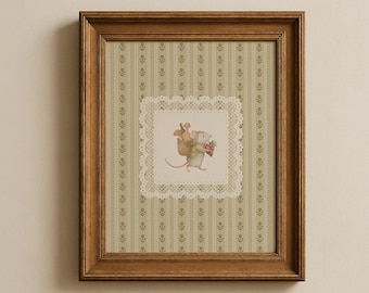 May include: A framed print featuring a charming illustration of a mouse carrying a basket of mushrooms and grapes. The artwork is set against a patterned background with a decorative border, all encased in a wooden frame. The overall aesthetic is vintage and whimsical.
