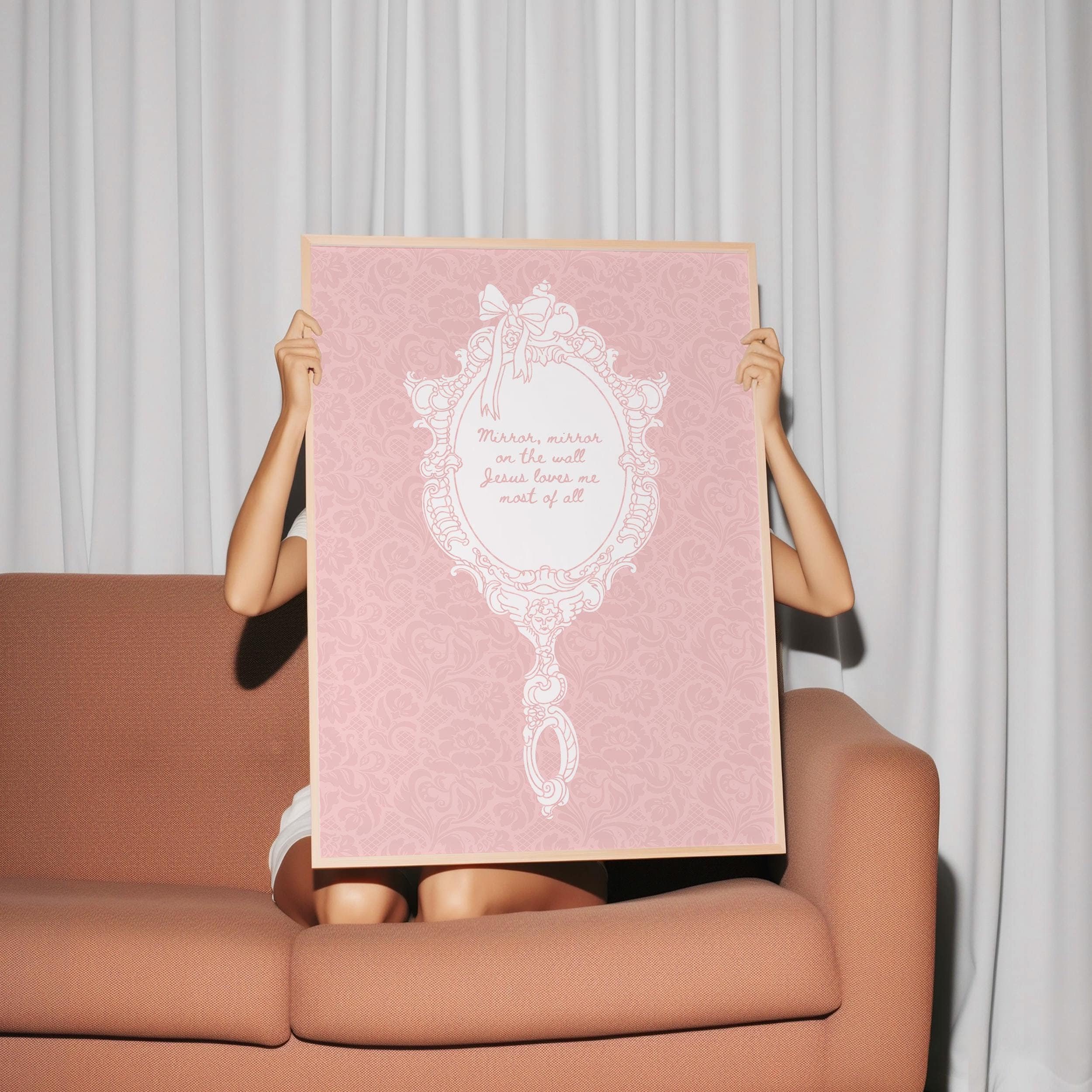 Girly Christian Pink Lace Jesus Loves Me Poster Coquette Bow Vintage Biblical Wall Art Trendy Cute Girl Room Decor Christian Affirmation Art