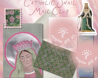 Catholic Snail Mail Club: Liturgical Art Print, Stickers, Saint Feast Day Recipe Card, and Surprise Gifts (Monthly Subscription)
