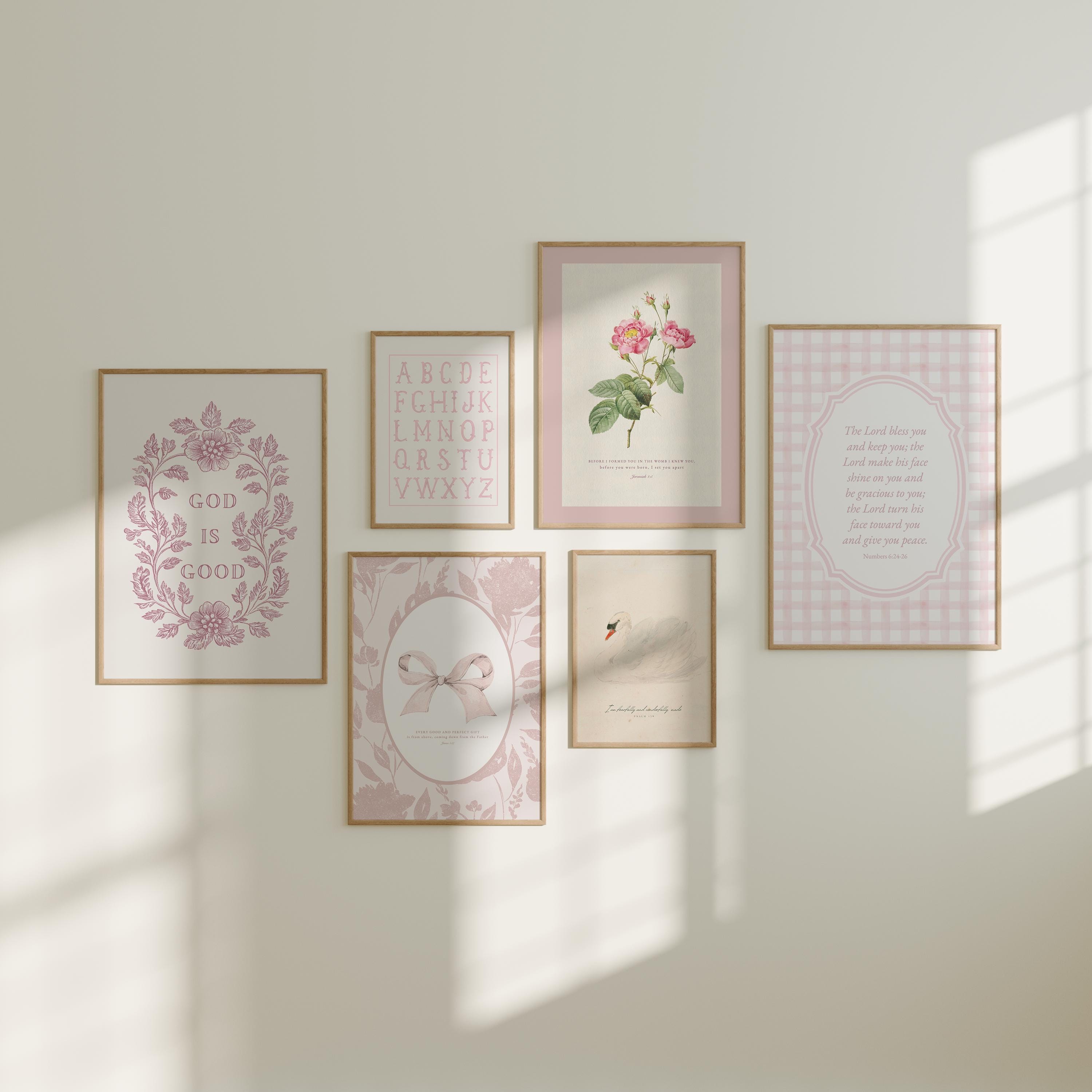 Pink and White Vintage Christian Gallery Wall Set of 6 Floral Scripture Print Coquette Bow Bible Verse Poster Biblical Girls Room Decor Baby
