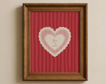Stampa vintage per San Valentino "Dio è amore": cuore in pizzo a righe da parete (download immediato)
