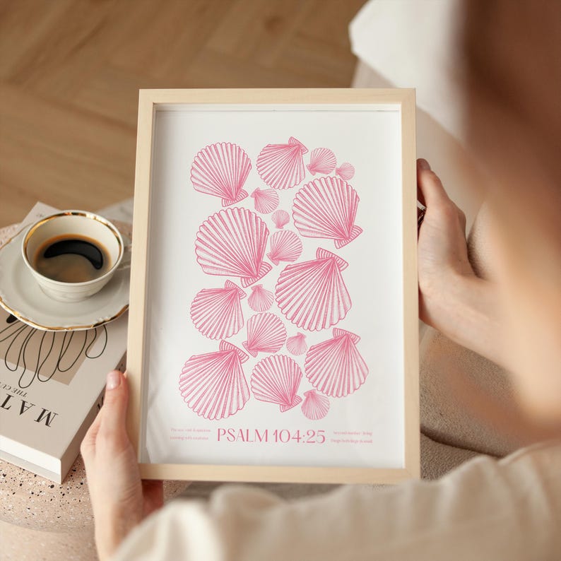 Modern Beachy Bible Verse Print Pink and White Scripture Seashell ...