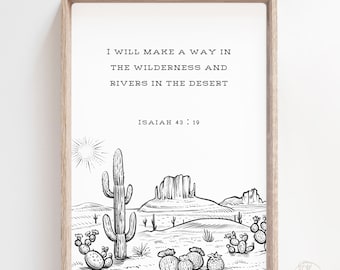 Bible Verse Wall Art Desert Landscape, Modern Western Line Art Print, Wild West Home Decor Gift for Her, Christian Modern Art Poster Bedroom