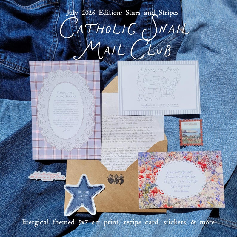 Catholic Snail Mail Club: Liturgical Art Print, Stickers, Saint Feast Day Recipe Card, and Surprise Gifts (Monthly Subscription) Bild 1