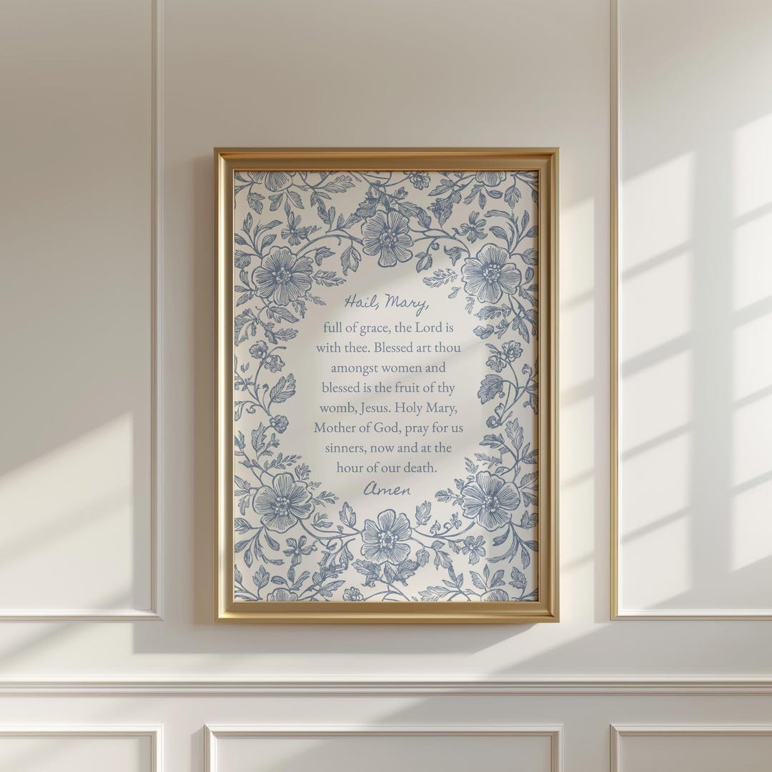 Hail Mary Wall Art Vintage Catholic Home Decor Blue and White Floral ...