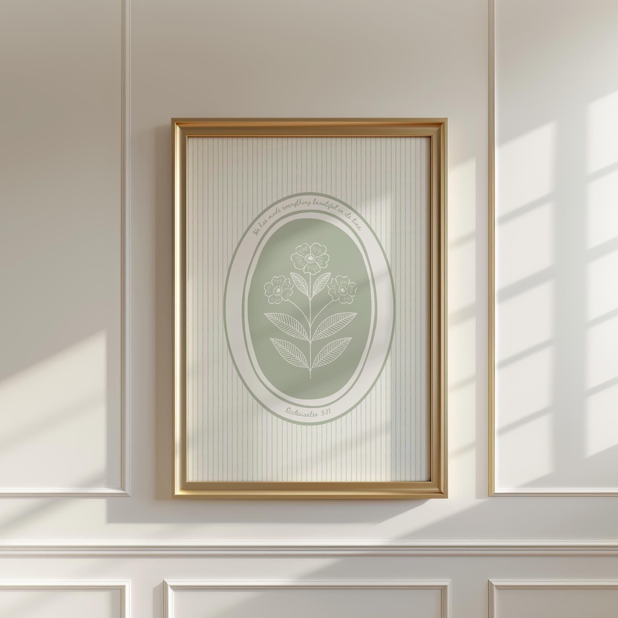 He Makes Everything Beautiful Vintage Scripture Poster Sage Green Biblical Print Trendy Pin Stripe Wall Art Floral Pintrest Aesthetic Decor
