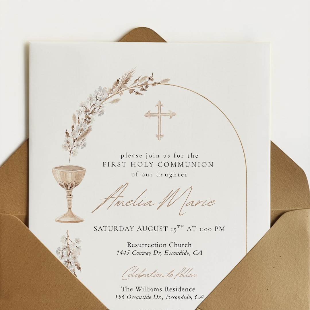 Elegant First Holy Communion Invitation Template Editable in Canva ...