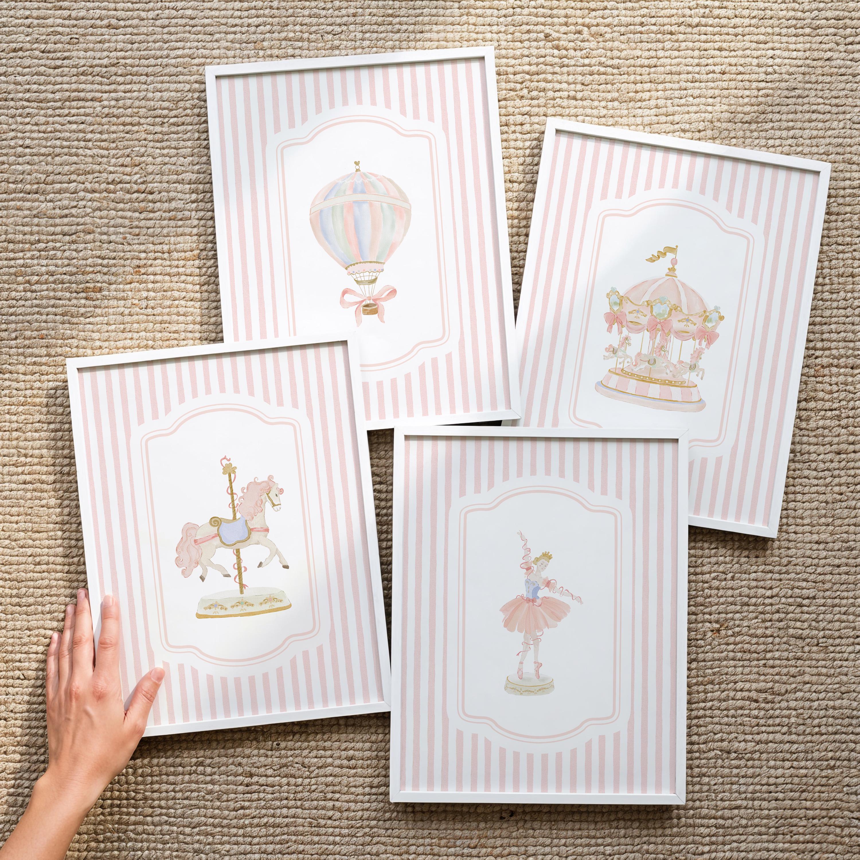 Pink Pastel Nursery Gallery Wall Art Set of 4 Posters: Vintage Carousel ...