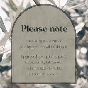 Puede incluir: Un aviso de descarga digital con el texto "Por favor, tenga en cuenta" en una fuente grande. El texto explica que se trata de una descarga digital y que no se enviar&aacute; ning&uacute;n art&iacute;culo f&iacute;sico. Tambi&eacute;n indica que, al realizar la compra, una gu&iacute;a de impresi&oacute;n y siete archivos digitales estar&aacute;n disponibles inmediatamente en la cuenta de Etsy.