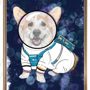 May include: A whimsical digital art print of a Corgi dog dressed as an astronaut, wearing a space helmet and a white spacesuit with blue accents. The background is a dark blue with bokeh effects, framed in a gold border.