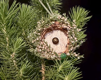 Whimsical Fairy Door Christmas Ornament with Floral Wreath: Miniature Garden Decor
