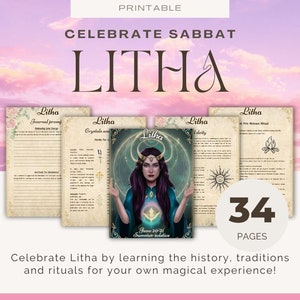 Puede incluir: Un conjunto imprimible de páginas de Litha Sabbat con una ilustración de mujer, el texto "Celebrate Litha" y "34 páginas". Las páginas incluyen indicaciones de diario, cristales, hierbas y rituales para una experiencia mágica.