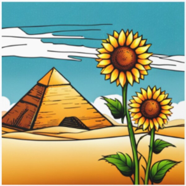 Digital Print Sunflower and Egyptian Pyramid Cartoon Style