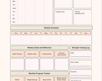 May include: A printable workout planner with sections for weekly workout overview, flexibility and stretching routine, weekly schedule, weekly goals and reflection, strength training log, and monthly progress tracker.