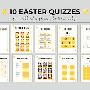 Op de afbeelding: Tien printbare paasquizzen voor vrienden en familie. De quizzen omvatten een verscheidenheid aan thema's, zoals emoji-ronde, choco-tijd, 5 seconden, boggle, slogan, woordzoeker, scramble, celeb-spel, A-Z-zoektocht en bingo.