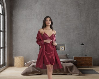 Burgundy Color 2 Pieces Women's Nightgown