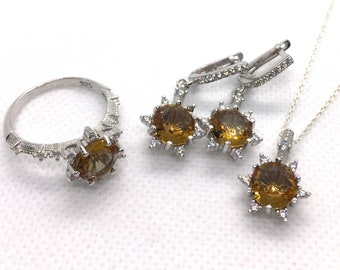 Zultanit Sonnenblume 925 Sterling Silber Set / Halskette Ohrringe Ring