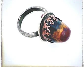 Handgemaakte ring met vuuragaat: gerecycled sterlingzilver, maat 10