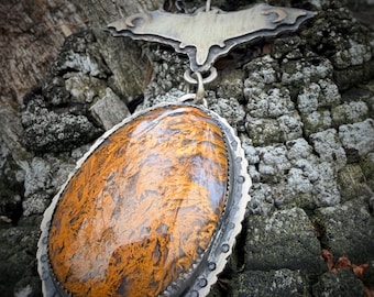 Texas Moss Agate Flying Bat Necklace-Ooak Necklace-Handmade Necklace-Sterling Necklace-Gemstone Necklace-Gifts for Her-Gifts for Mom-Bats