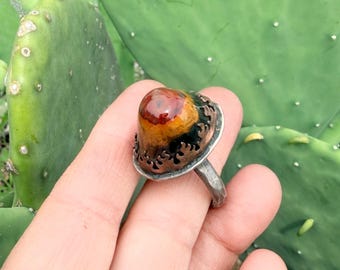 Handmade Fire Bezel Agate Ring: Recycled Sterling Silver, Size 10