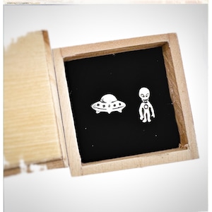 Tiny Alien & UFO Earrings -Silver Earrings- Earrings-Mismatched Earrings- Earrings-Stud Earrings-Gifts for Her-Minimalist Earrings-Tiny