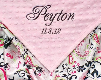Baby Girl Blanket, Satin Baby Blanket, Minky and Satin Baby Blanket, for Baby Girls, Personalized Blanket with Name, Monogrammed Gift