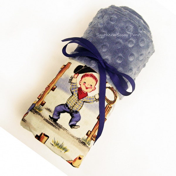 Baby Boy Minky Blanket , Cowboy Blanket,  Lil' Cowpokes and Denim Minky Dot for Baby Boys - In Stock and Ready To Ship