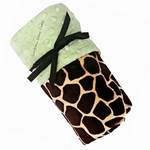 Baby Minky Blanket , Giraffe Minky and Light Green Minky Dot , Security Blanket for Baby Boys - In Stock and Ready To Ship