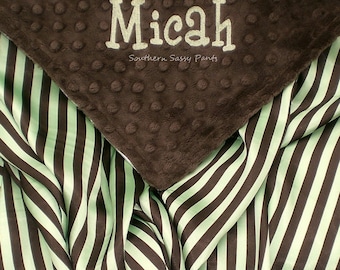 Satin Baby Blanket , Brown and Green Baby Boy Blanket - Personalized Baby Blanket , Minky and Satin for Baby Boy