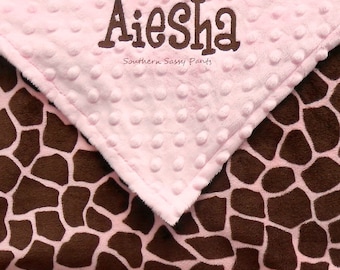 Personalized Toddler Girl Blanket , Pink and Brown Giraffe Minky Blanket , Baby Girl Blanket - 36x40