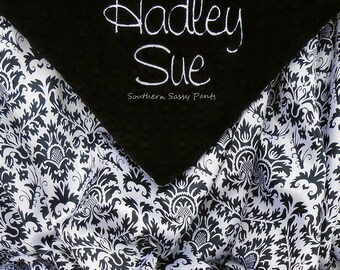 Satin Baby Blanket, Minky and Satin Baby Blanket, for Baby Girls, Personalized Baby Girl Blanket, Black and White Damask Satin, Name Blanket