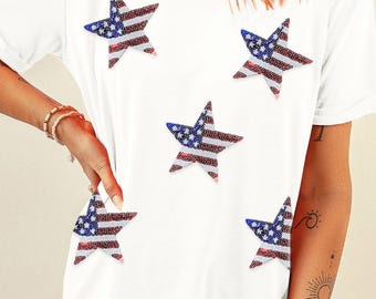 USA Sequin Star Tshirt / July 4th Shirt / US Flag Sequin Patch TShirt / Memorial Day Shirt