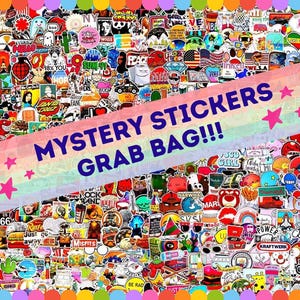 May include: A colorful collage of stickers with a rainbow background and the text "Mystery Stickers Grab Bag!!!".