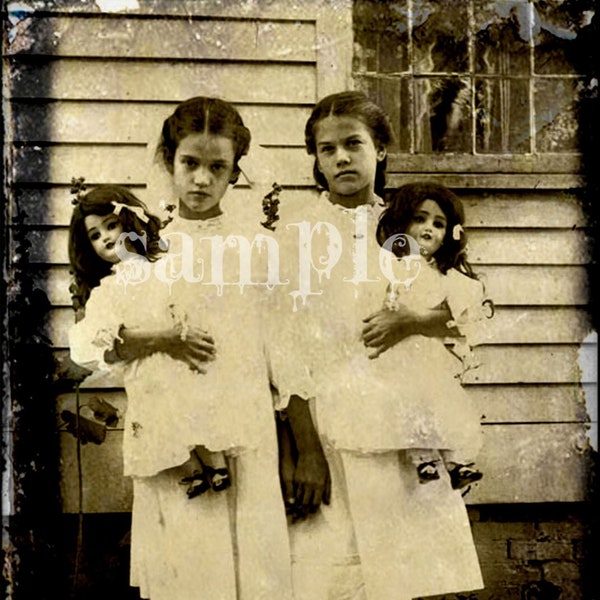 Digital Collage Sheet VINTAGE photo Little Girls antique Dolls DIGITAL DOWNLOAD Antique Photograph Beautiful Victorian Sisters Art Print