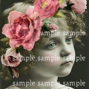 Hoja de collage digital Descarga digital instantánea Hermosa niña con flores París Princesa antigua FRANCESA Postal Impresión artística