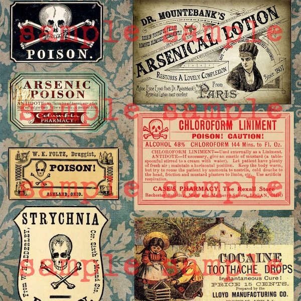 Antieke Poison Apotheek Apotheek Etiketten COLLAGE BLAD instant Digitale Download Veranderde Kunst Heks drankje Halloween Cocaïne Bestseller