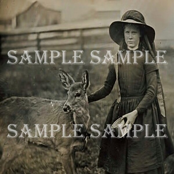 Instant Digital Download Scan Vintage Antique Rare photograph Girl with baby deer Animal Photograph