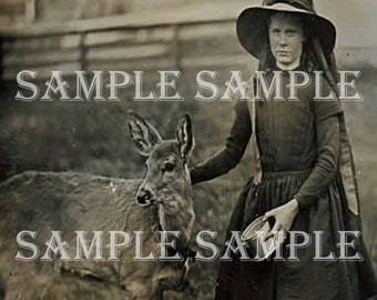 Instant Digital Download Scan Vintage Antique Rare photograph Girl with baby deer Animal Photograph