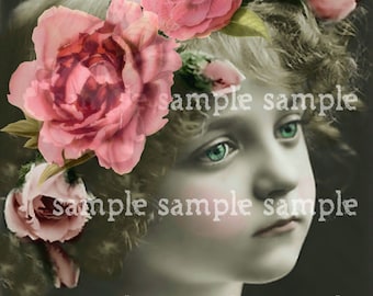 Digital Collage Sheet Instant Digital Download Beautiful Little girl with flowers Paris Vintage Princess Antique FRENCH Postcard Art Print